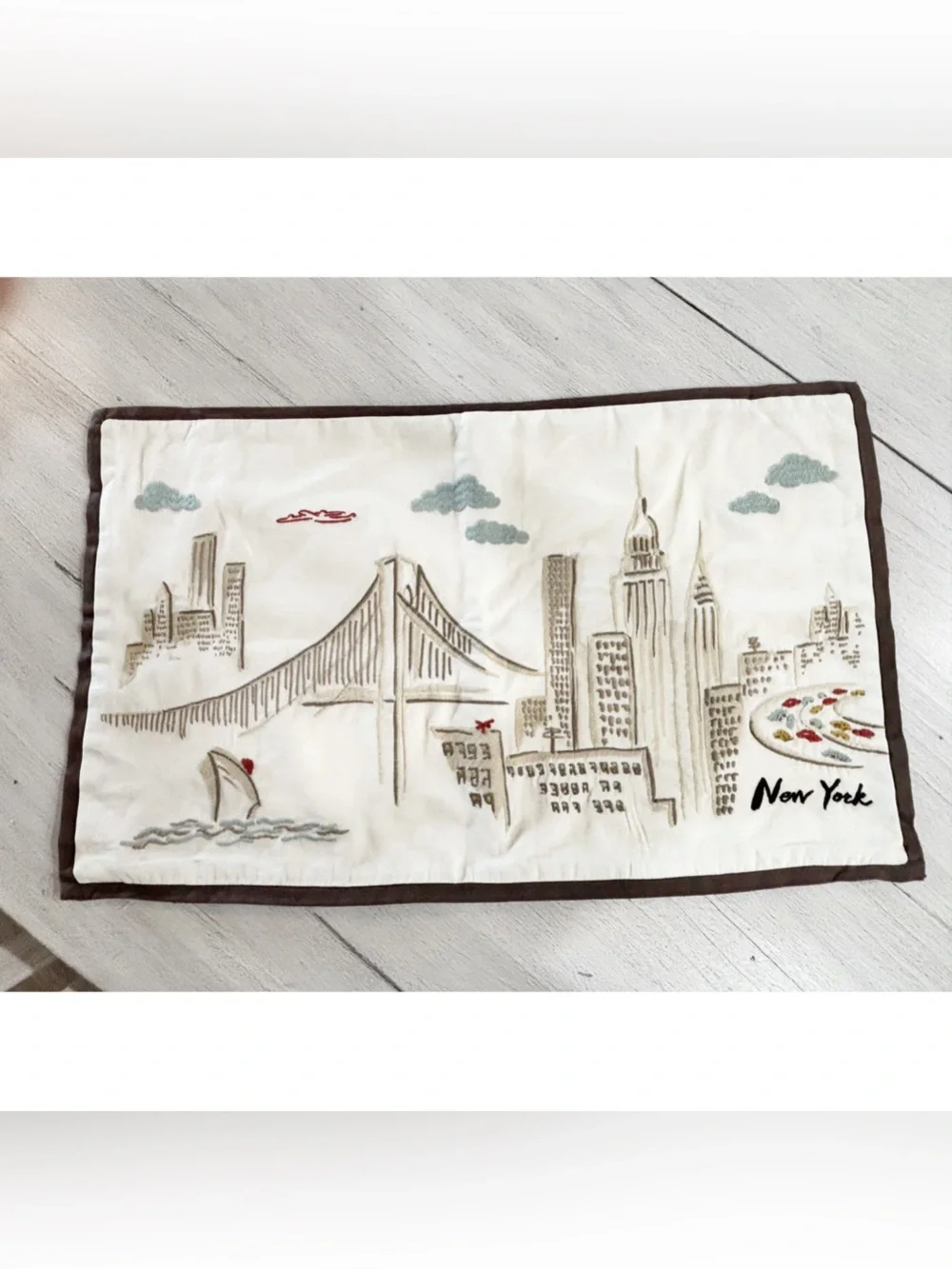 POTTERY BARN Ivory Brown Embroidered NEW YORK Lumbar 16